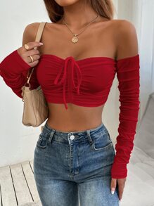 SHEIN PETITE Off Shoulder Drawstring Ruched Crop Top - Red - View 5