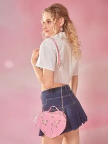 ROMWE Floral Embroidery Heart Design Novelty Bag - Pink - View 3