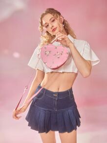 ROMWE Floral Embroidery Heart Design Novelty Bag - Pink - View 5