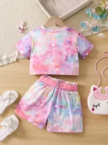SHEIN Young Girl Unicorn Print Tie Dye Tee & Belted Shorts