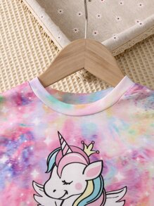 SHEIN Young Girl Unicorn Print Tie Dye Tee & Belted Shorts