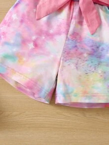 SHEIN Young Girl Unicorn Print Tie Dye Tee & Belted Shorts