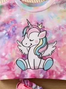SHEIN Young Girl Unicorn Print Tie Dye Tee & Belted Shorts
