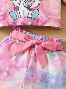 SHEIN Young Girl Unicorn Print Tie Dye Tee & Belted Shorts