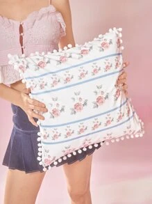 Sweetness Flower Print Pom Pom Decor Cushion Cover Without Filler - Multicolor - View 2