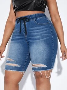 SHEIN SXY Plus Drawstring Waist Ripped Raw Hem Denim Shorts - Medium Wash - View 3
