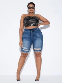 SHEIN SXY Plus Drawstring Waist Ripped Raw Hem Denim Shorts - Medium Wash - View 4