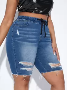 SHEIN SXY Plus Drawstring Waist Ripped Raw Hem Denim Shorts - Medium Wash - View 5