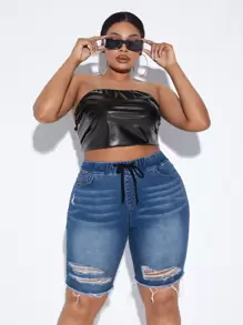 SHEIN SXY Plus Drawstring Waist Ripped Raw Hem Denim Shorts - Medium Wash - View 6