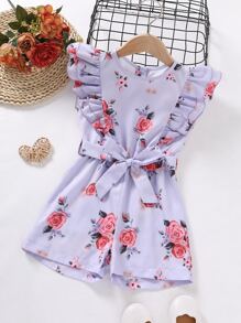 Toddler Girls Floral Print Ruffle Trim Belted Romper - Mauve Purple - View 1