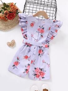 Toddler Girls Floral Print Ruffle Trim Belted Romper - Mauve Purple - View 2