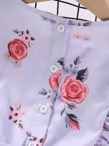Toddler Girls Floral Print Ruffle Trim Belted Romper - Mauve Purple - View 3