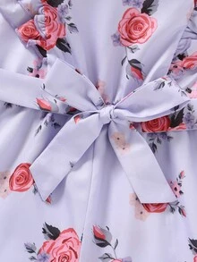 Toddler Girls Floral Print Ruffle Trim Belted Romper - Mauve Purple - View 4