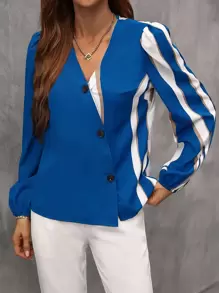 SHEIN Privé 撞色前紐扣襯衫 - 藍色 - 查看 4