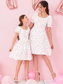 SHEIN Essnce 1入組愛心圖案泡泡袖洋裝