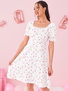 SHEIN Essnce 1入組愛心圖案泡泡袖洋裝