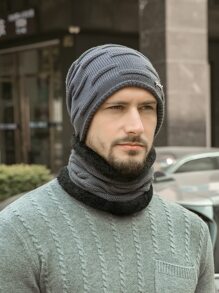 1 Set Of Men's Grey Cashmere Hat And Scarf, Thermal Knit Beanie And Neck Warmer Suitable For Winter Outdoor Activities - Grey - View 2