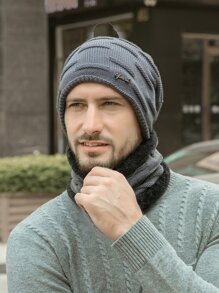 1 Set Of Men's Grey Cashmere Hat And Scarf, Thermal Knit Beanie And Neck Warmer Suitable For Winter Outdoor Activities - Grey - View 3