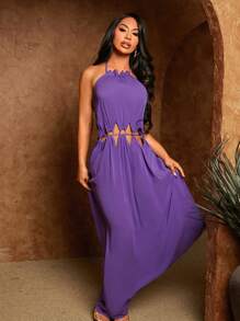 SHEIN SXY Cut Out Tie Backless Halter Neck Dress - Purple - View 3