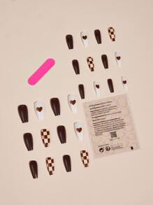 YTJ Instantly Upgrade Your Look with 24pcs Long Coffin Brown Heart & Checkered Plaid Pattern Fake Nail & 1pc Nail File & 1sheet Tape - Multicolor - View 2