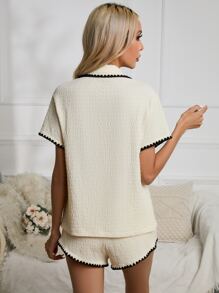 Contrast Binding Button Front Top & Pants Lounge Set Outfit - Beige - View 2