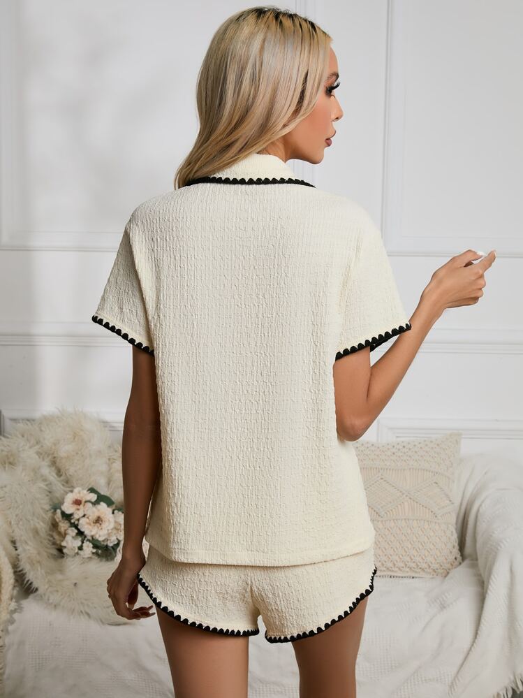 コントラストバインディング ボタンフロントトップ&パンツ ラウンジセット アウトフィット - ベージュ - 見る 2