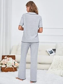 Contrast Binding Ribbed Knit Lounge Set - Light Grey - View 2