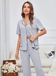 Contrast Binding Ribbed Knit Lounge Set - Light Grey - View 4