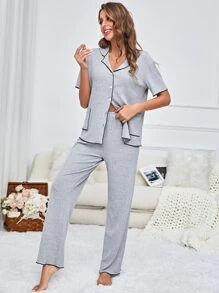 Contrast Binding Ribbed Knit Lounge Set - Light Grey - View 6