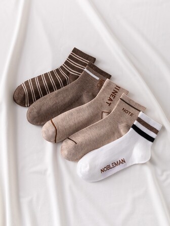 5pairs Men Striped & Letter Graphic Crew Socks