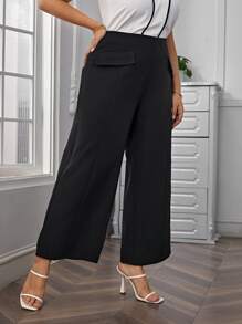 SHEIN Clasi Plus Flap Detail Wide Leg Trousers - Black - View 3