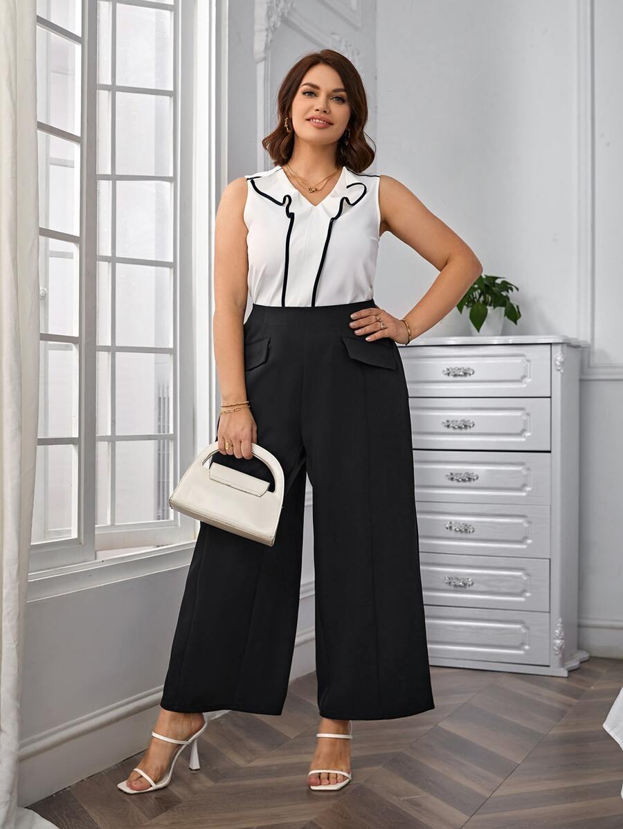 SHEIN Clasi Plus Flap Detail Wide Leg Trousers - Black - View 1