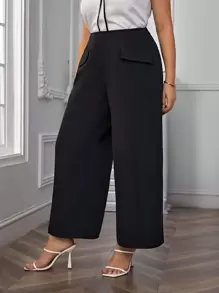 SHEIN Clasi Plus Flap Detail Wide Leg Trousers - Black - View 5