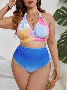 SHEIN Swim Curve Plus Size Tie Dye Ruched High Waisted Bikini Set Summer Beach - Multicolor - View 4