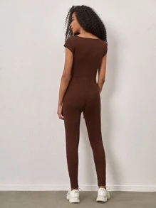 SHEIN BASICS Solid Scoop Neck Unitard Jumpsuit - Rust Brown - View 2