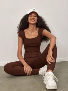 SHEIN BASICS Solid Scoop Neck Unitard Jumpsuit - Rust Brown - View 3