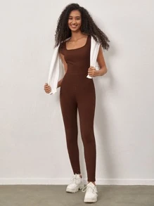 SHEIN BASICS Solid Scoop Neck Unitard Jumpsuit - Rust Brown - View 4