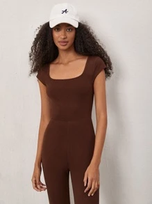 SHEIN BASICS Solid Scoop Neck Unitard Jumpsuit - Rust Brown - View 5