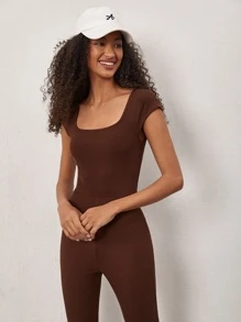SHEIN BASICS Solid Scoop Neck Unitard Jumpsuit - Rust Brown - View 6