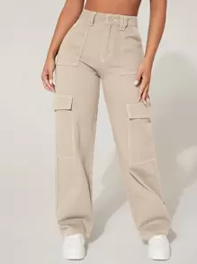 SHEIN PETITE Quần jean nữ Nút Túi Dây kéo màu trơn - Màu be - Xem 1