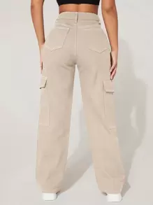 SHEIN PETITE Quần jean nữ Nút Túi Dây kéo màu trơn - Màu be - Xem 2