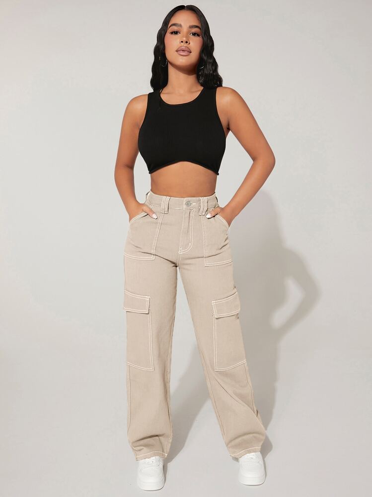 SHEIN PETITE Quần jean nữ Nút Túi Dây kéo màu trơn - Màu be - Xem 3