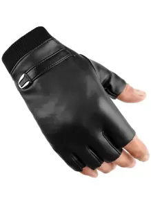 1對黑色pu皮革防水實心指套手套按扣袖口設計女士觸控手套戶外滑雪露營徒步摩托車自行車手套 - 黑色 - 查看 2