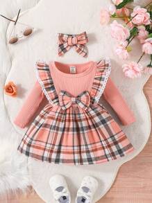 Baby Girl Plaid Print Ruffle Trim Bow Front 2 In 1 Dress With Headband - Pink - View 1