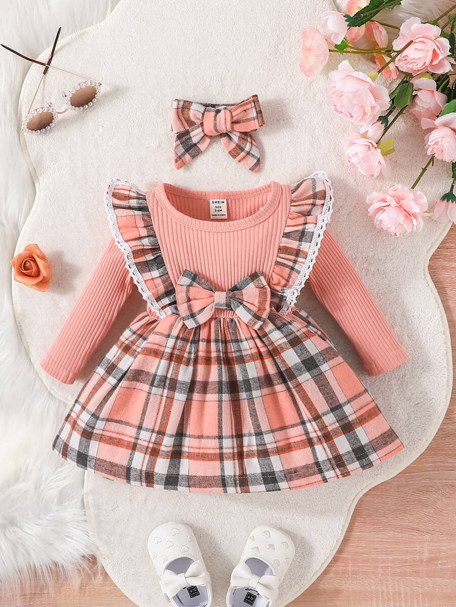 Baby Girl Plaid Print Ruffle Trim Bow Front 2 In 1 Dress With Headband - Pink - View 1