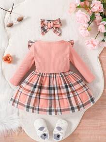 Baby Girl Plaid Print Ruffle Trim Bow Front 2 In 1 Dress With Headband - Pink - View 2