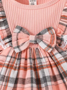 Baby Girl Plaid Print Ruffle Trim Bow Front 2 In 1 Dress With Headband - Pink - View 3