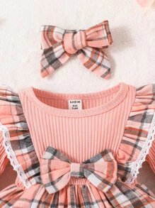 Baby Girl Plaid Print Ruffle Trim Bow Front 2 In 1 Dress With Headband - Pink - View 4