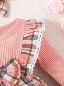 Baby Girl Plaid Print Ruffle Trim Bow Front 2 In 1 Dress With Headband - Pink - View 5