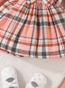 Baby Girl Plaid Print Ruffle Trim Bow Front 2 In 1 Dress With Headband - Pink - View 6